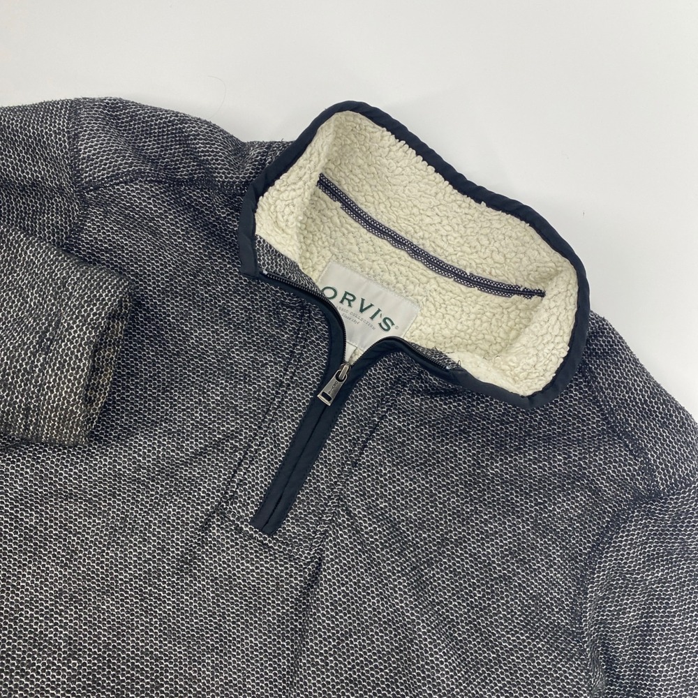Orvis Quarter Zip Pullover Mens‎ L Gray Honeycomb Sherpa Lined Fleece Sweater
